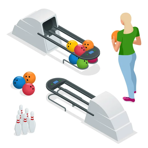 Isometric Bowling pins at bowling machine. A bowling ball return right out of a bowling alley. Vector illustration isolated on white. — Stock Vector