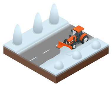 Isometric bulldozer cleans from the road old snow. Vector illustration of snowblower clipart