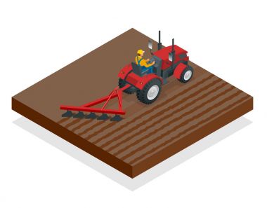Isometric Traktör tarlada çalışıyor. Tarım makineleri. Tarlayı sürüyorum. Saha çalışması için ağır tarımsal makineler. Vektör illüstrasyonu.
