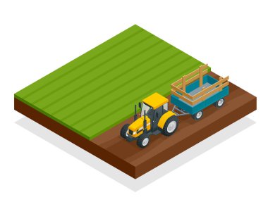 Isometric Traktör tarlada çalışıyor. Tarım makineleri. Tarlayı sürüyorum. Saha çalışması için ağır tarımsal makineler. Vektör illüstrasyonu.