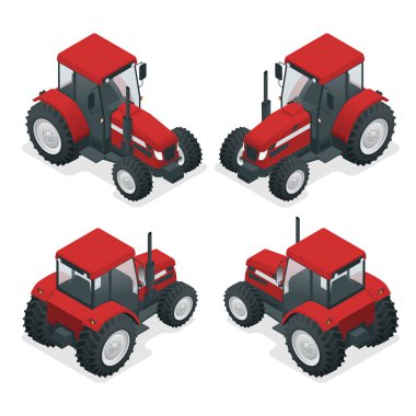 Isometric Traktör tarlada çalışıyor. Tarım makineleri. Tarlayı sürüyorum. Saha çalışması için ağır tarımsal makineler. Vektör illüstrasyonu.