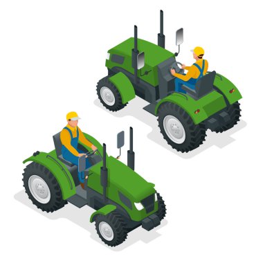 Isometric Traktör tarlada çalışıyor. Tarım makineleri. Tarlayı sürüyorum. Saha çalışması için ağır tarımsal makineler. Vektör illüstrasyonu.