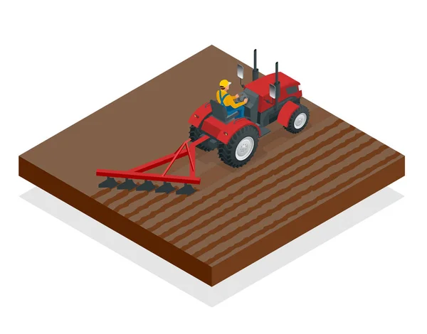 Isometric Tractor travaille dans un domaine. Machines agricoles. J'explose sur le terrain. Machines agricoles lourdes pour travaux sur le terrain. Illustration vectorielle . — Image vectorielle