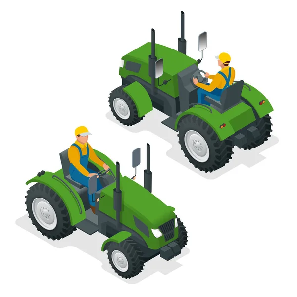 Isometrisk traktor fungerar i ett fält. Jordbruksmaskiner. Plötsligt på fältet. Tunga jordbruksmaskiner för fältarbete. Vektorillustration. — Stock vektor