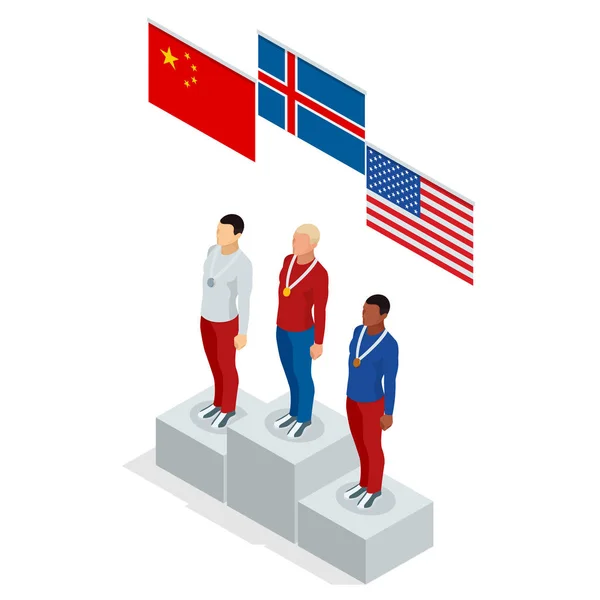 Olympic Podium stand isometric sports man winner athlete Athletic Podium. Three men on place pedestal, first place rising hand with gold cup. International sports competitions. — Stock Vector