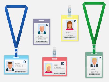 Set of Employees Identification White Blank Plastic Id Cards with Clasp and Lanyards Isolated clipart