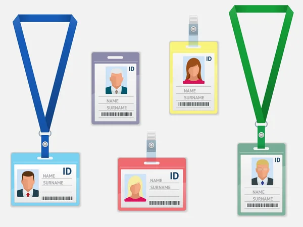 Ensemble de cartes d'identité d'employés blanches en plastique Id avec fermoir et longes isolées — Image vectorielle