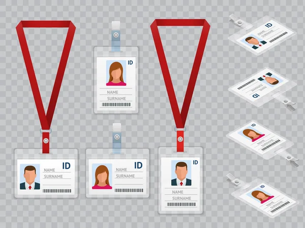 Set di identificazione dei dipendenti White Blank carte d'identità di plastica con chiusura e cordini isolato vettoriale Illustrazione — Vettoriale Stock