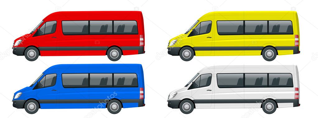 Realistic set of Van template Isolated passenger minibus for corporate identity and advertising. View from side.