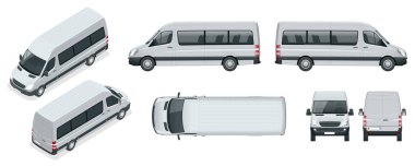 Van şablon izole yolcu minibüs kurumsal kimlik ve reklam için gerçekçi kümesi. Taraftan, en iyi, çatı, arka, açık, izometrik görüntülemek.