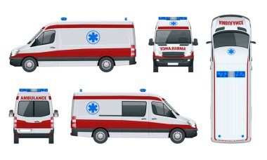 Ambulans araba. Akut tıbbi sorunları olanlar için acil bakım yönetme bir acil sağlık hizmeti. Ön yan görünüm, üst, çatı, arka,.