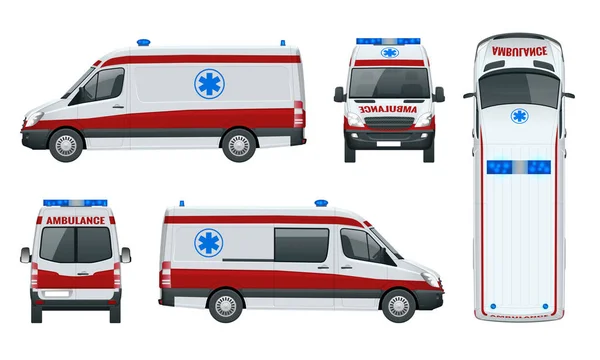 Carro de ambulância. Um serviço médico de emergência, administrando atendimento de emergência para aqueles com problemas médicos agudos. Vista lateral, topo, telhado, traseira, frente . — Vetor de Stock