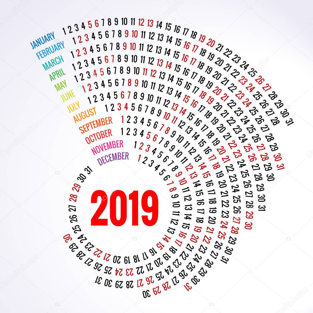 2019 calendar Print Template Spiral calendar Set of 12 Months Round Planner for 2019 Year.