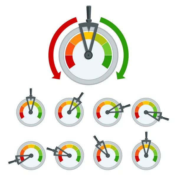 Medidor conceptual de éxito cien por ciento. Conjunto de Metal enmarcado contador de satisfacción del cliente . — Vector de stock