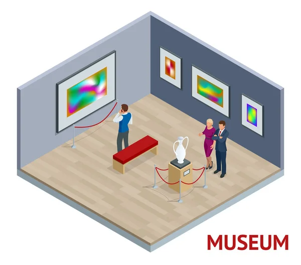 Isometrische museum interieur of kunst galerij concept. Tentoonstellingen prehistorie middeleeuwse geschiedenis artefacten en kunst. — Stockvector