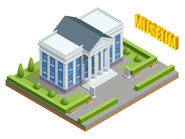 Stadens arkitektur offentliga regeringsbyggnaden. Isometrisk museibyggnaden. Utsidan av museibyggnaden med titel och kolumner. — Stock vektor