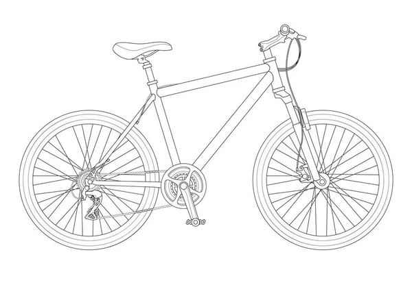 Delinear o contorno da bicicleta isolado no fundo branco. Modelo de bicicleta de montanha para ciclomotor, marca de motocicleta e publicidade —  Vetores de Stock