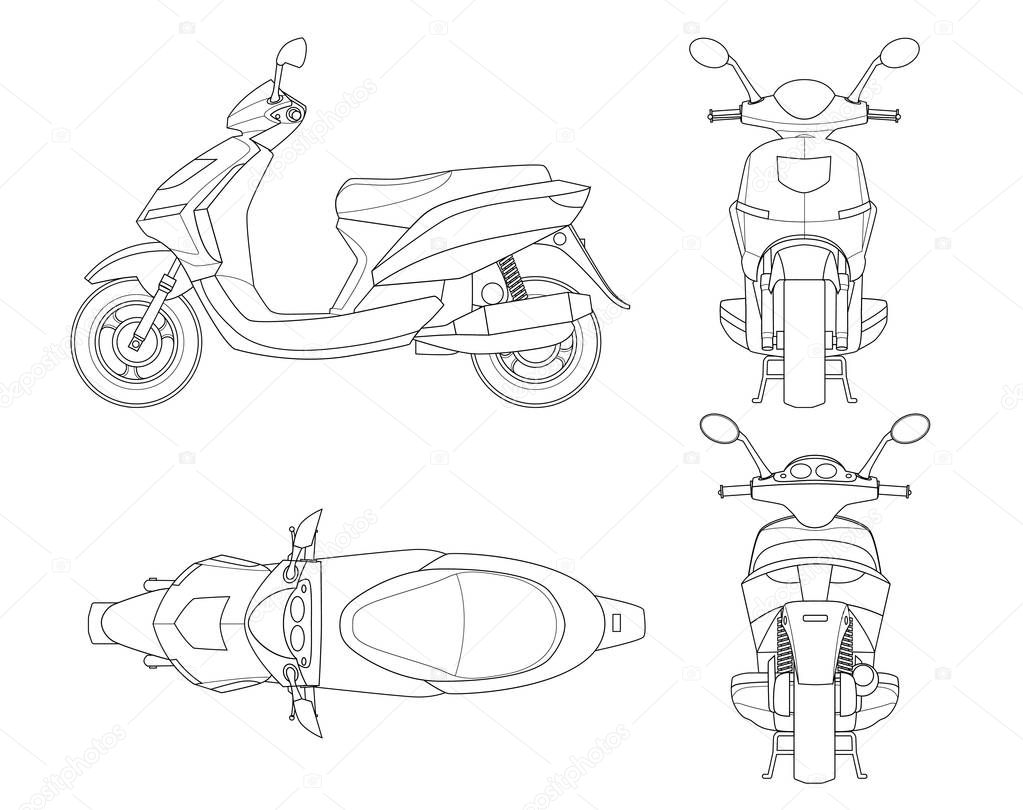 Trendy scooter outline isolated on white background. Isolated Motorbike template for moped, motorbike branding and advertising