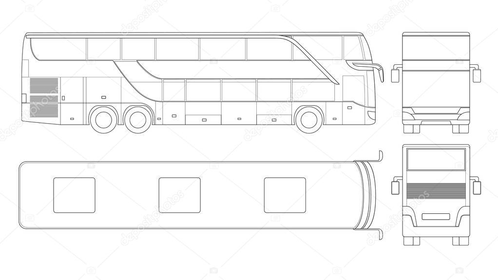 Double-deck multi-axle luxury touring coach outline. Commercial vehicle. Intercity bus vector illustration.