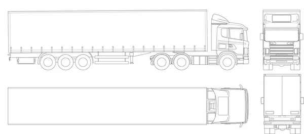 벡터 트럭 트레일러 개요입니다. 상업용 차량입니다. 화물 배달 차량입니다. 측면, 앞면, 뒷면, 상단에서 보기. — 스톡 벡터
