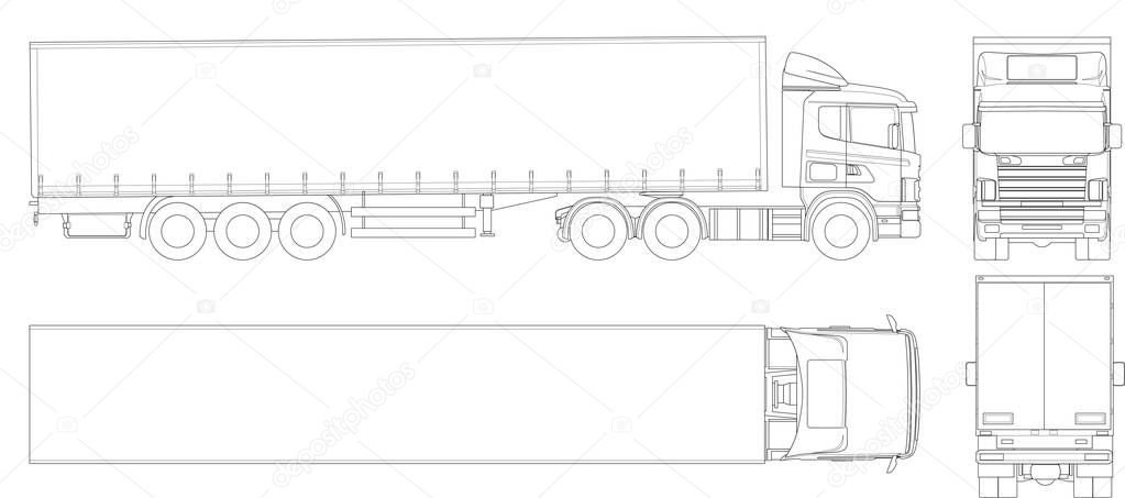 Vector truck trailer outline. Commercial vehicle. Cargo delivering vehicle. View from side, front, back, top.