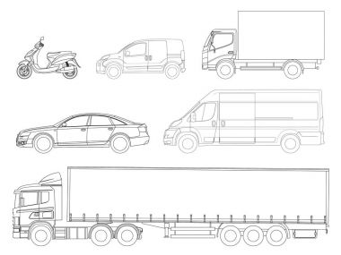 Arabalar anahat ayarlayın. Lojistik taşıma. Yan görünümü kamyon römork, yarı kamyon, kargo teslim, van, minivan ve scooter. Boş yük dağıtım kamyonları.