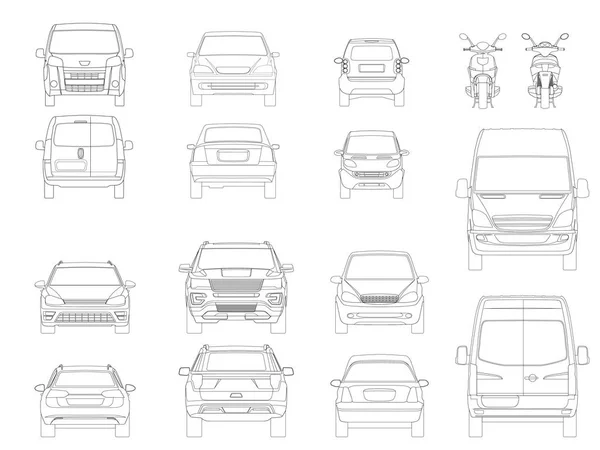 Ensemble vectoriel d'icônes de contour voitures. Vue du côté Transports urbains . — Image vectorielle