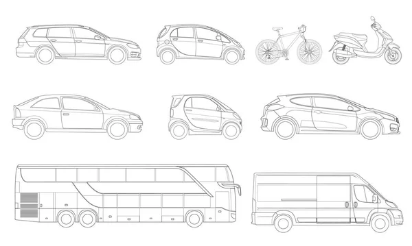 Conjunto vectorial de iconos de contorno de coches. Vista al costado Transporte urbano . — Vector de stock