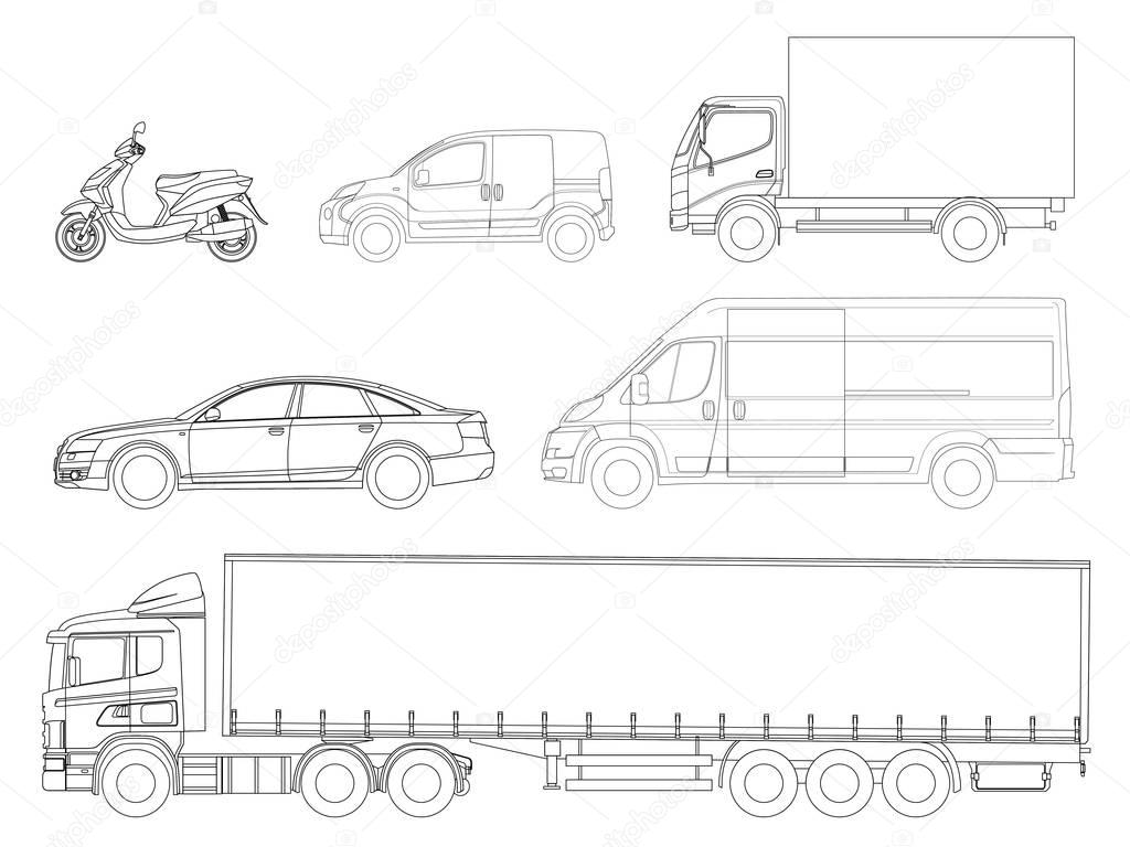 Set cars outline. Logistics transport. Side view truck trailer, Semi truck, cargo delivery, van, minivan and scooter. Blank Freight delivery trucks.