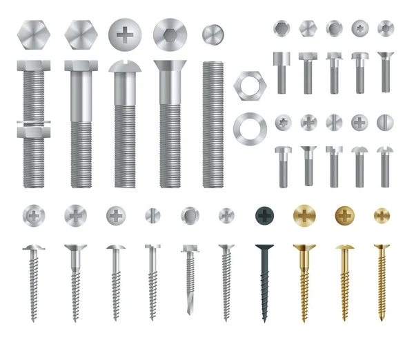 Uppsättning av stål skruvar, bultar, muttrar och nitar. Övre och Side View. Isolerade Vector-element — Stock vektor