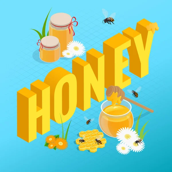 Ισομετρική βάζα με το μέλι και κηρήθρα, μέλισσα, μέλι σε βάζο με κουτάλα μελιού. Πρότυπο σχεδίασης κάρτες. — Διανυσματικό Αρχείο