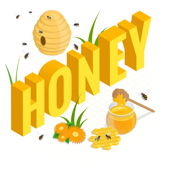 Isometrisk burkar med honung, honeycomb och bee, honung i burk med honung strömstare. Kort formgivningsmall. Vektorillustration — Stock vektor