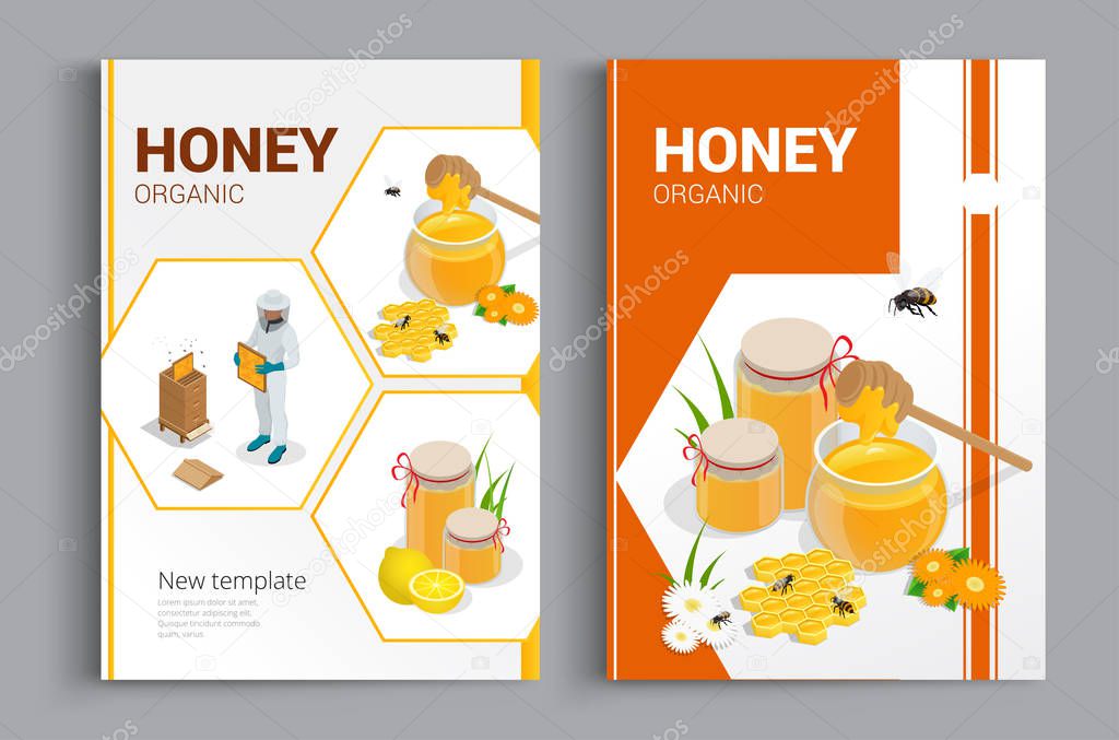 Organic raw honey designe brochure. Abstract composition. A4 brochure cover design of honey. Fancy title sheet model. Creative vector front page art. Banner form texture.