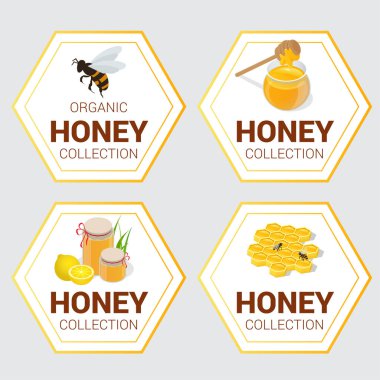 Ham bal için bir etiket selamlar ve promosyon, en çok satan, en iyi seçim, satışı, Özel Fırsat vektör ayarlayın. Grafik Petek, arı, pod, çiçekler. Afiş ve etiket.