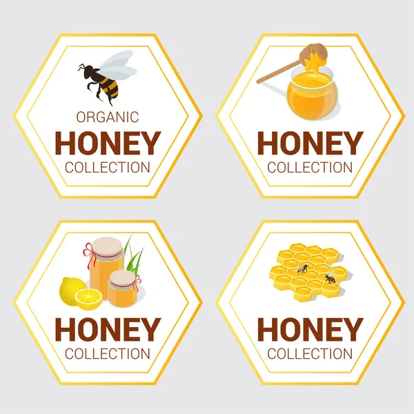 Διάνυσμα σύνολο ετικετών ακατέργαστο μέλι χαιρετισμούς και προώθησης, μπεστ-σέλερ, καλύτερη επιλογή, πώληση, προσφορά. Γραφικό κηρήθρα, μέλισσα, pod, λουλούδια. Banners και αυτοκόλλητα. — Διανυσματικό Αρχείο