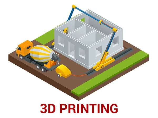 Concepto de casa de impresión 3D isométrica vectorial. Camión mezclador de concreto en el lado de la impresora 3D industrial que imprime la casa. Ilustración plana — Vector de stock