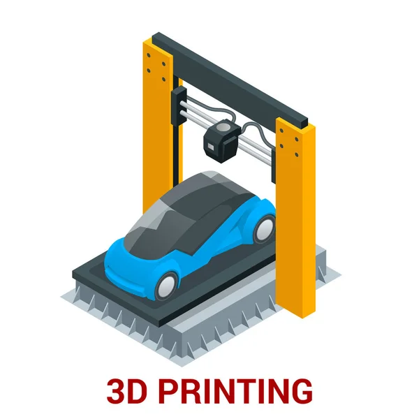 Nueva generación de máquina de impresión 3D coche de impresión. Ilustración isométrica vectorial — Vector de stock