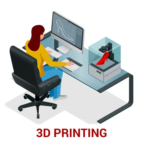 Young woman or school girl print 3D model on 3D printer. Development and printing of clothing. Vector isometric illustration — Stock Vector