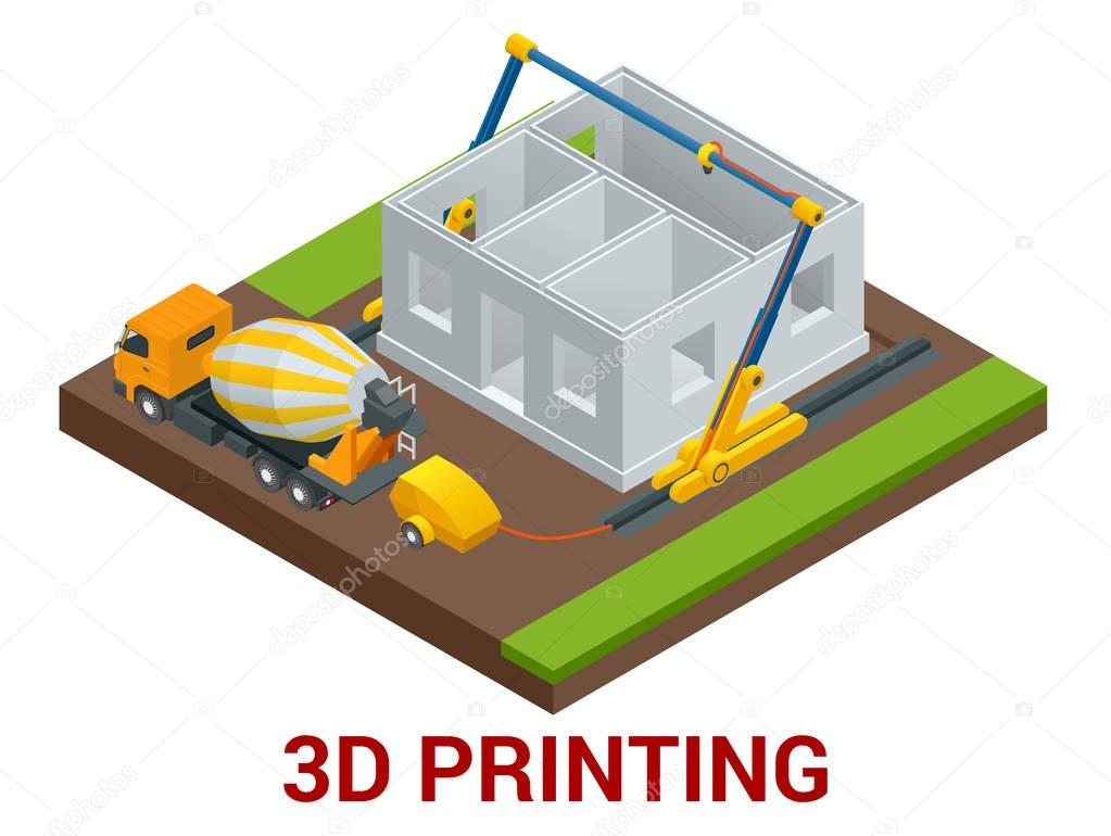 Vector isometric 3d printing house concept. Concrete mixer truck in the side of industrial 3D printer which printing house. Flat illustration