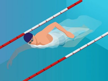 İzometrik yüzücü eğitim Yüzme Ppool uygun. Vektör çizim profesyonel erkek yüzücü