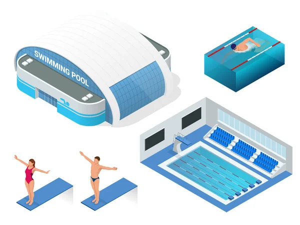 Isometrische Vektor-Set von modernen Gebäude Schwimmbad für Wassersport, Schwimmbad, Schwimmer Elemente Symbole. Lebensstil. — Stockvektor