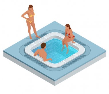 İzometrik Jakuzi ile dönen su üzerinde beyaz izole. Jakuzi küvet keyfi kişi spa banyo.