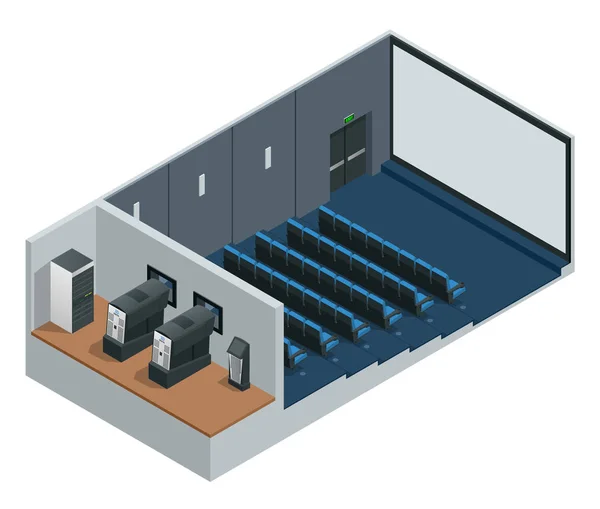 Isometrischer Vektor-Kinosaal mit leerer Leinwand. mit Kinoleinwand, Sitzen und Projektoren. — Stockvektor