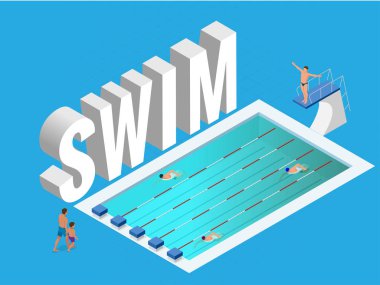 İzometrik vektör genel spor Açık Yüzme Havuzu. Havuz mavi su eğitim sporcular yüzücüler