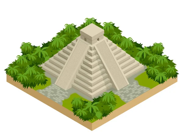 İzometrik Maya piramit üzerinde beyaz izole. Vektör seyahat afiş. Teotihuacan piramitler Meksika, Kuzey Amerika. Antik basamaklı piramit. — Stok Vektör