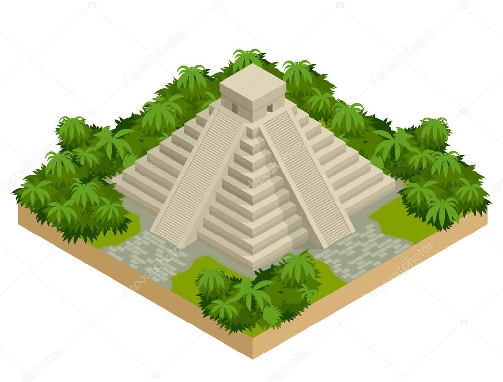 Isometric Mayan pyramid isolated on white. Vector travel banner. The teotihuacan pyramids in Mexico, North America. Ancient stepped pyramids.