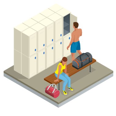 Isometric Interior of a locker and changing room. Vector changing locker room with shower enclosures benches and storage closets illustration vector Isometric Interior of a locker and changing room. Vector changing locker room with shower enclosures benches and storage closets illustration vector