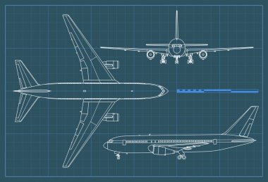Uçak Sanayi planı. Uçak mavi bir arka plan üzerinde çizim vektör anahat. Üst, yan ve ön görünüm.