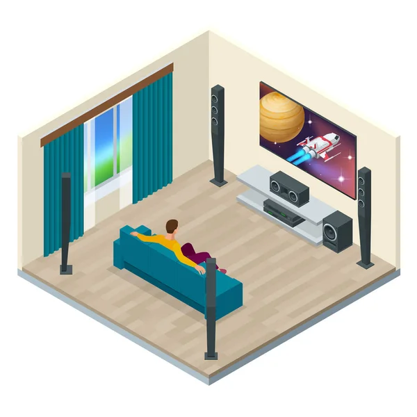 Sala de estar interior con sistema moderno de cine en casa. Creado digitalmente y de alta resolución renderizado. Sistema de cine en casa vector ilustración isométrica — Vector de stock