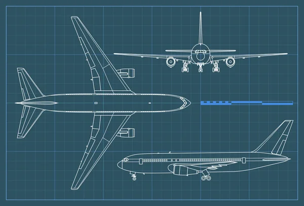 Industrial blueprint of airplane. Vector outline drawing plane on a blue background. Top, side and front view. — Stock Vector